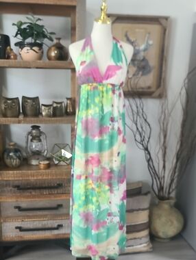 M USA Halter Maxi Dress in Mint & Pink Watercolor Print